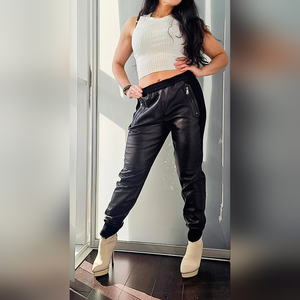 Women's Black Leather Jogger Pants